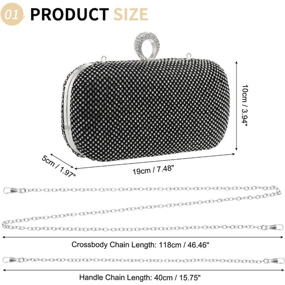 Women Black Sparkly Rhinestone Evening Clutch Purse Crystal Ring Clasp Handbag - Picture 3 of 6